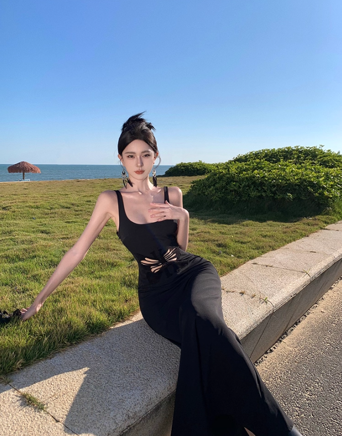 Charming Black Cutout Butterfly Sheer Maxi Dress LBD Mermaid Spaghetti Strap Bodycon Long Dress AP1487