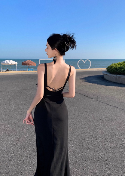 Charming Black Cutout Butterfly Sheer Maxi Dress LBD Mermaid Spaghetti Strap Bodycon Long Dress AP1487
