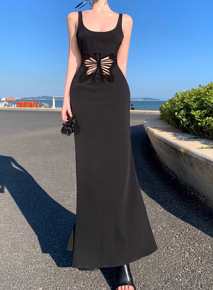 Charming Black Cutout Butterfly Sheer Maxi Dress LBD Mermaid Spaghetti Strap Bodycon Long Dress AP1487