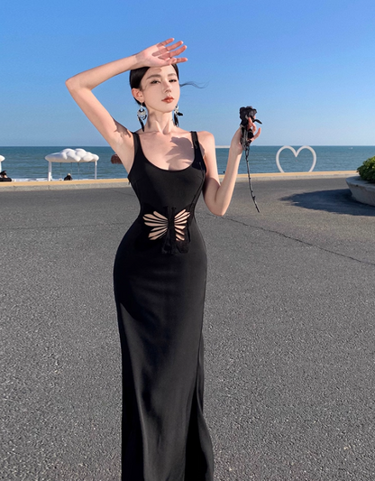 Charming Black Cutout Butterfly Sheer Maxi Dress LBD Mermaid Spaghetti Strap Bodycon Long Dress AP1487