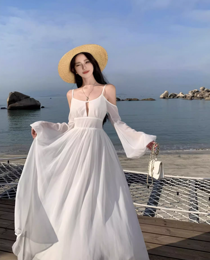 Alluring White Open-Back Long Sleeve Maxi Dress Cutout Spaghetti Strap Elegant Flowy Chiffon Long Dress AP1488