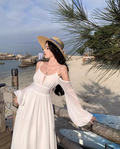 Alluring White Open-Back Long Sleeve Maxi Dress Cutout Spaghetti Strap Elegant Flowy Chiffon Long Dress AP1488