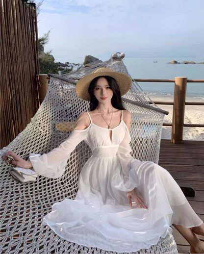 Alluring White Open-Back Long Sleeve Maxi Dress Cutout Spaghetti Strap Elegant Flowy Chiffon Long Dress AP1488