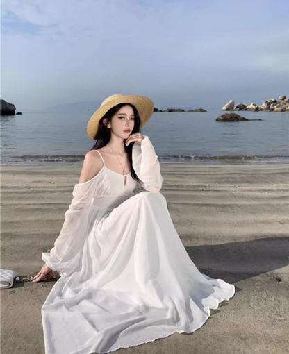 Alluring White Open-Back Long Sleeve Maxi Dress Cutout Spaghetti Strap Elegant Flowy Chiffon Long Dress AP1488