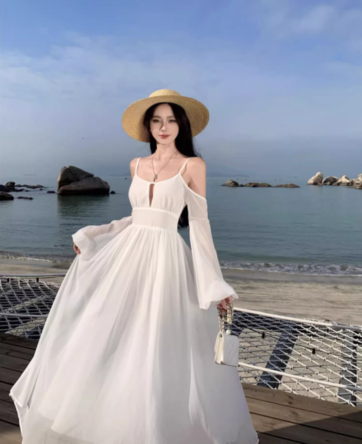 Alluring White Open-Back Long Sleeve Maxi Dress Cutout Spaghetti Strap Elegant Flowy Chiffon Long Dress AP1488