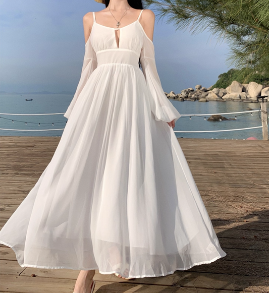 Alluring White Open-Back Long Sleeve Maxi Dress Cutout Spaghetti Strap Elegant Flowy Chiffon Long Dress AP1488