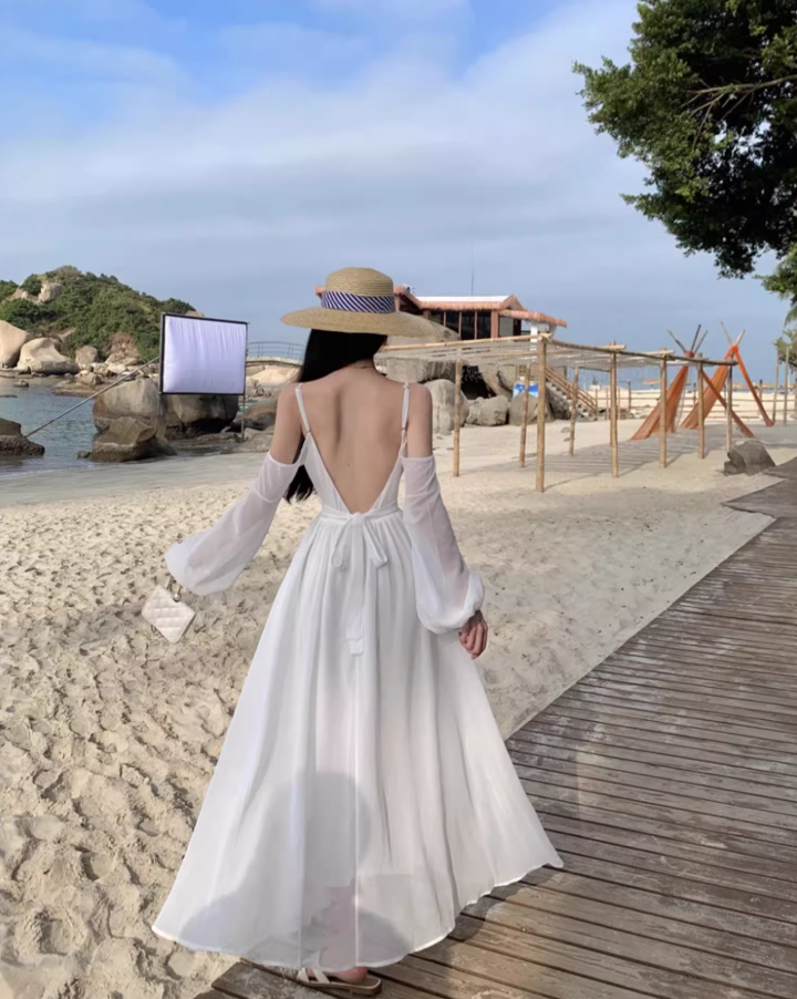 Alluring White Open-Back Long Sleeve Maxi Dress Cutout Spaghetti Strap Elegant Flowy Chiffon Long Dress AP1488