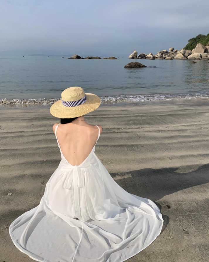 Alluring White Open-Back Long Sleeve Maxi Dress Cutout Spaghetti Strap Elegant Flowy Chiffon Long Dress AP1488