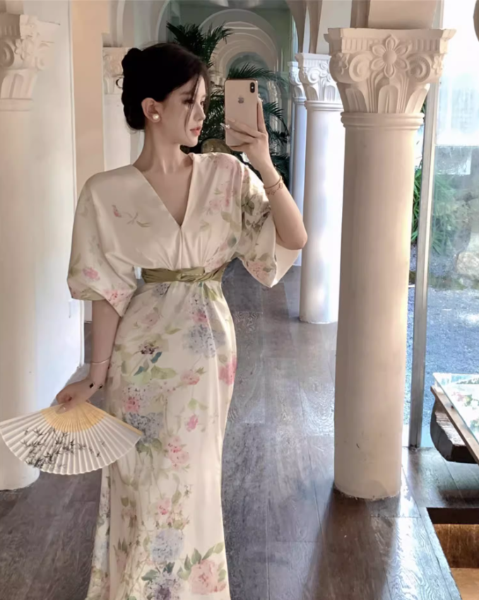 Graceful Lustrous Fabric Floral-Printed Maxi Dress Half-Sleeve Casual Garden Vacays Belted Waist Long Dress AP1489