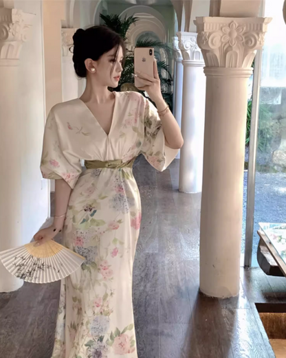 Graceful Lustrous Fabric Floral-Printed Maxi Dress Half-Sleeve Casual Garden Vacays Belted Waist Long Dress AP1489