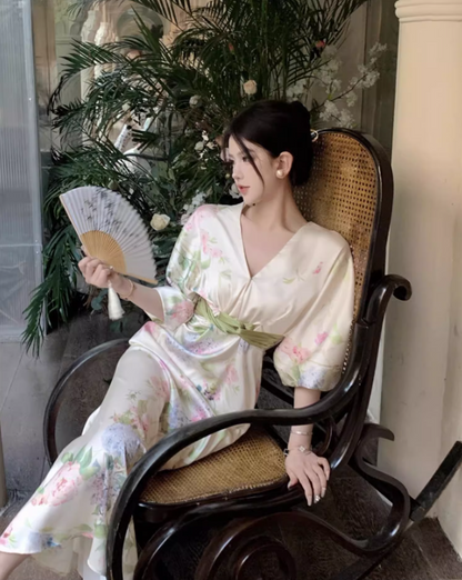 Graceful Lustrous Fabric Floral-Printed Maxi Dress Half-Sleeve Casual Garden Vacays Belted Waist Long Dress AP1489