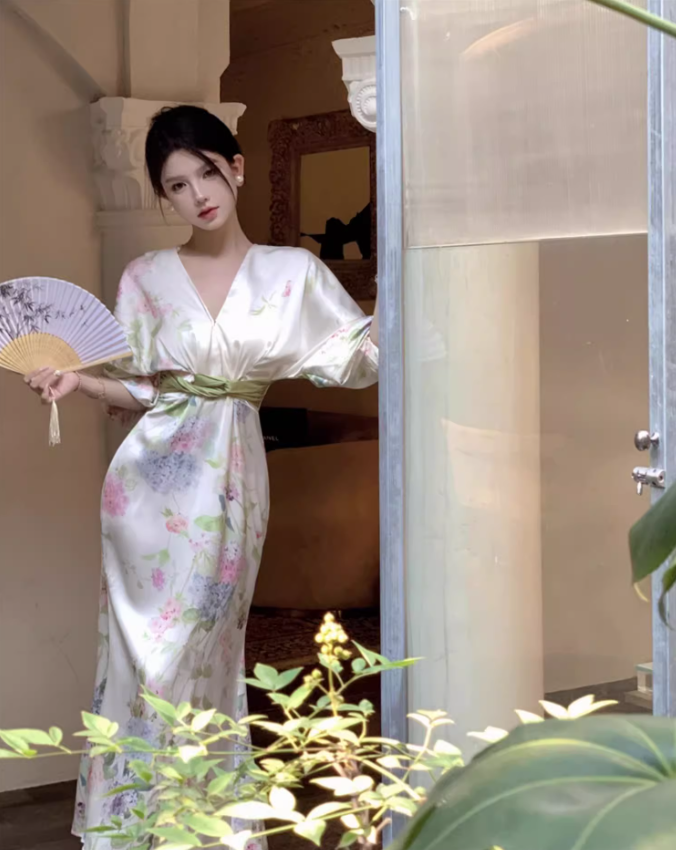 Graceful Lustrous Fabric Floral-Printed Maxi Dress Half-Sleeve Casual Garden Vacays Belted Waist Long Dress AP1489