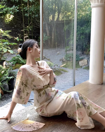 Graceful Lustrous Fabric Floral-Printed Maxi Dress Half-Sleeve Casual Garden Vacays Belted Waist Long Dress AP1489