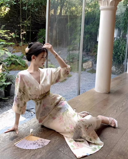 Graceful Lustrous Fabric Floral-Printed Maxi Dress Half-Sleeve Casual Garden Vacays Belted Waist Long Dress AP1489