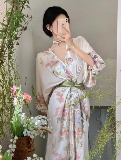 Graceful Lustrous Fabric Floral-Printed Maxi Dress Half-Sleeve Casual Garden Vacays Belted Waist Long Dress AP1489