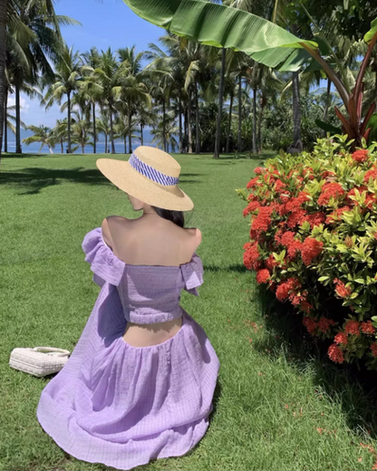 Elegant Lavender Gingham Flowy Maxi Dress French Style Ruffled Crop Scenic Vacays Cinched-Waist Off-Shoulder Long Dress AP1490