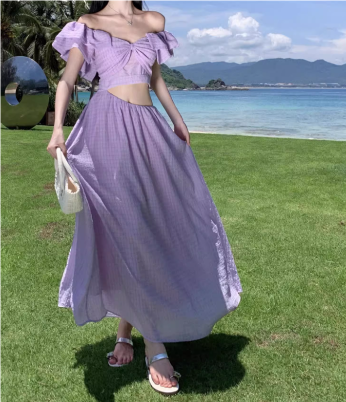 Elegant Lavender Gingham Flowy Maxi Dress French Style Ruffled Crop Scenic Vacays Cinched-Waist Off-Shoulder Long Dress AP1490