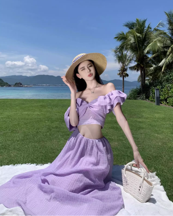 Elegant Lavender Gingham Flowy Maxi Dress French Style Ruffled Crop Scenic Vacays Cinched-Waist Off-Shoulder Long Dress AP1490