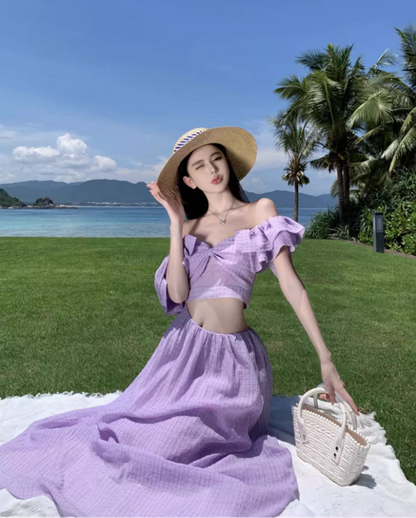 Elegant Lavender Gingham Flowy Maxi Dress French Style Ruffled Crop Scenic Vacays Cinched-Waist Off-Shoulder Long Dress AP1490