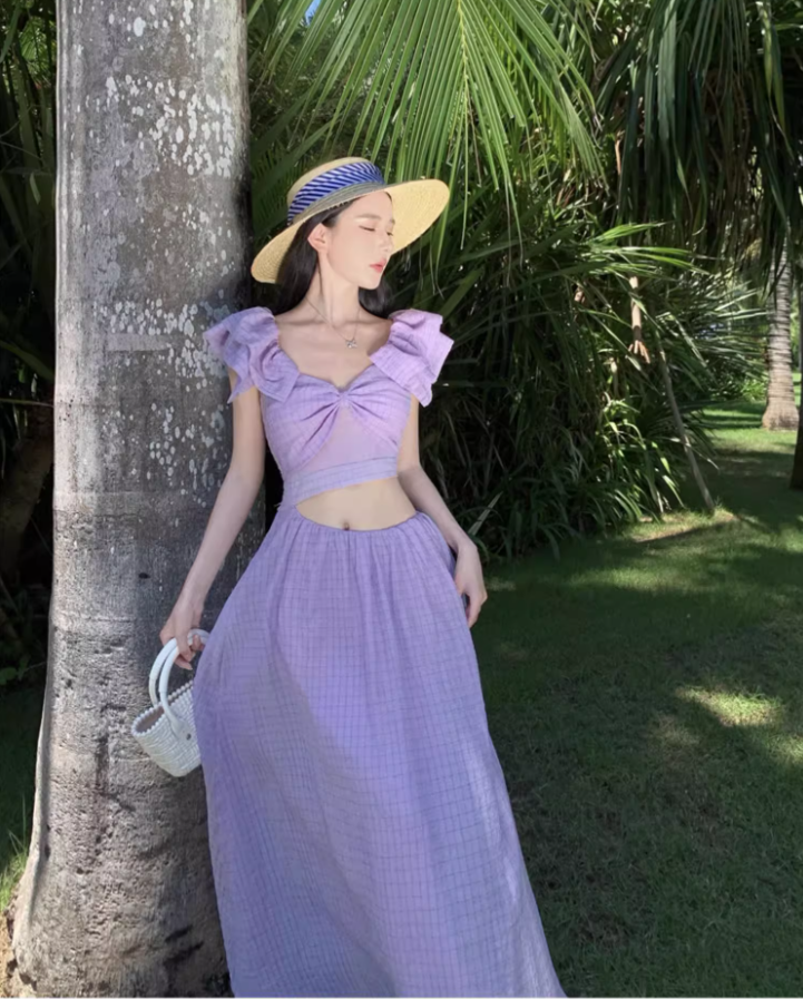 Elegant Lavender Gingham Flowy Maxi Dress French Style Ruffled Crop Scenic Vacays Cinched-Waist Off-Shoulder Long Dress AP1490