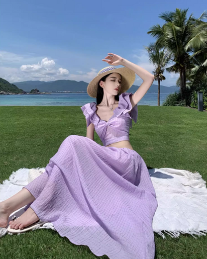 Elegant Lavender Gingham Flowy Maxi Dress French Style Ruffled Crop Scenic Vacays Cinched-Waist Off-Shoulder Long Dress AP1490