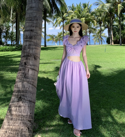 Elegant Lavender Gingham Flowy Maxi Dress French Style Ruffled Crop Scenic Vacays Cinched-Waist Off-Shoulder Long Dress AP1490