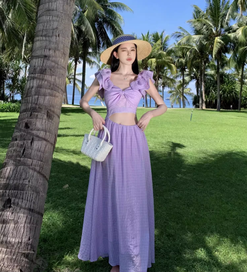 Elegant Lavender Gingham Flowy Maxi Dress French Style Ruffled Crop Scenic Vacays Cinched-Waist Off-Shoulder Long Dress AP1490