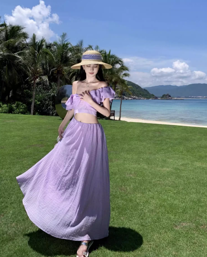 Elegant Lavender Gingham Flowy Maxi Dress French Style Ruffled Crop Scenic Vacays Cinched-Waist Off-Shoulder Long Dress AP1490