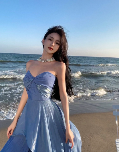 Alluring Flowy Blue Lustrous Fabric Maxi Dress Stylish Shoots Chic Asymmetric Hem Strapless Long Dress AP1491