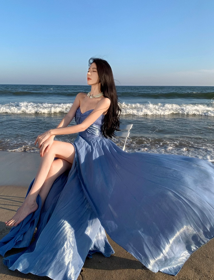 Alluring Flowy Blue Lustrous Fabric Maxi Dress Stylish Shoots Chic Asymmetric Hem Strapless Long Dress AP1491