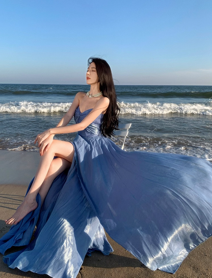 Alluring Flowy Blue Lustrous Fabric Maxi Dress Stylish Shoots Chic Asymmetric Hem Strapless Long Dress AP1491