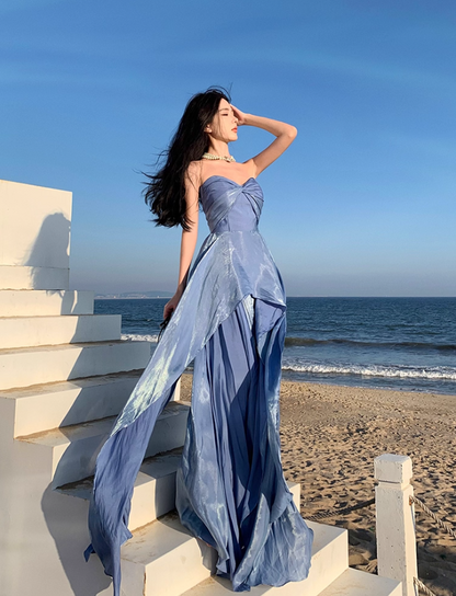 Alluring Flowy Blue Lustrous Fabric Maxi Dress Stylish Shoots Chic Asymmetric Hem Strapless Long Dress AP1491