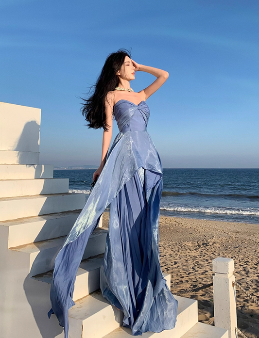 Alluring Flowy Blue Lustrous Fabric Maxi Dress Stylish Shoots Chic Asymmetric Hem Strapless Long Dress AP1491