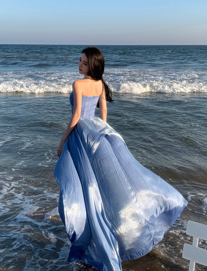 Alluring Flowy Blue Lustrous Fabric Maxi Dress Stylish Shoots Chic Asymmetric Hem Strapless Long Dress AP1491