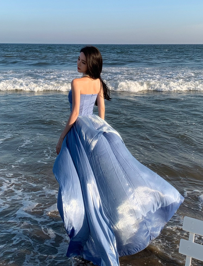 Alluring Flowy Blue Lustrous Fabric Maxi Dress Stylish Shoots Chic Asymmetric Hem Strapless Long Dress AP1491