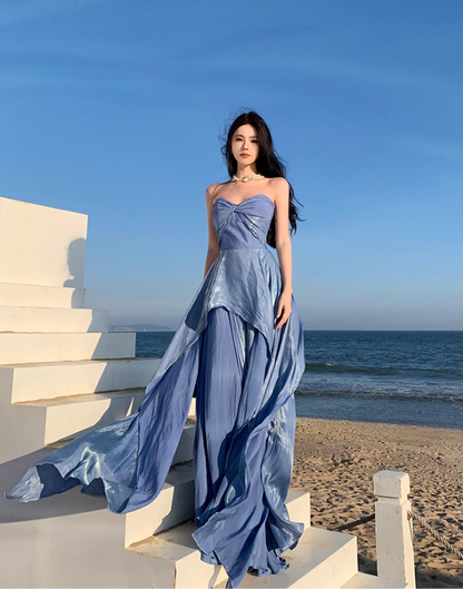 Alluring Flowy Blue Lustrous Fabric Maxi Dress Stylish Shoots Chic Asymmetric Hem Strapless Long Dress AP1491