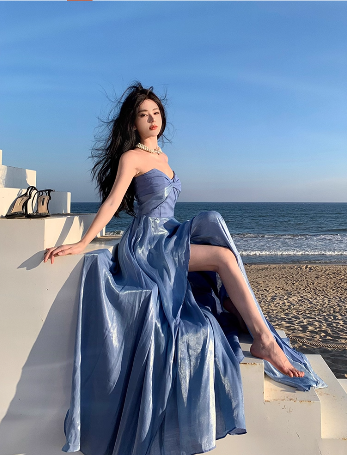 Alluring Flowy Blue Lustrous Fabric Maxi Dress Stylish Shoots Chic Asymmetric Hem Strapless Long Dress AP1491