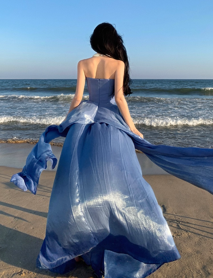 Alluring Flowy Blue Lustrous Fabric Maxi Dress Stylish Shoots Chic Asymmetric Hem Strapless Long Dress AP1491