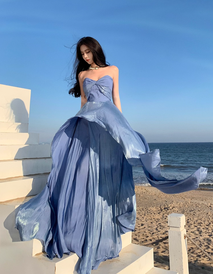 Alluring Flowy Blue Lustrous Fabric Maxi Dress Stylish Shoots Chic Asymmetric Hem Strapless Long Dress AP1491