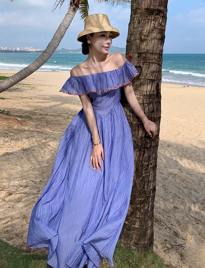 Versatile Flowy Lavender Floral-Trim Maxi Dress Stylish Shoots Vogue Off-Shoulder Ruffled Neckline Long Dress AP1492