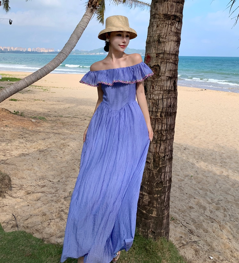 Versatile Flowy Lavender Floral-Trim Maxi Dress Stylish Shoots Vogue Off-Shoulder Ruffled Neckline Long Dress AP1492