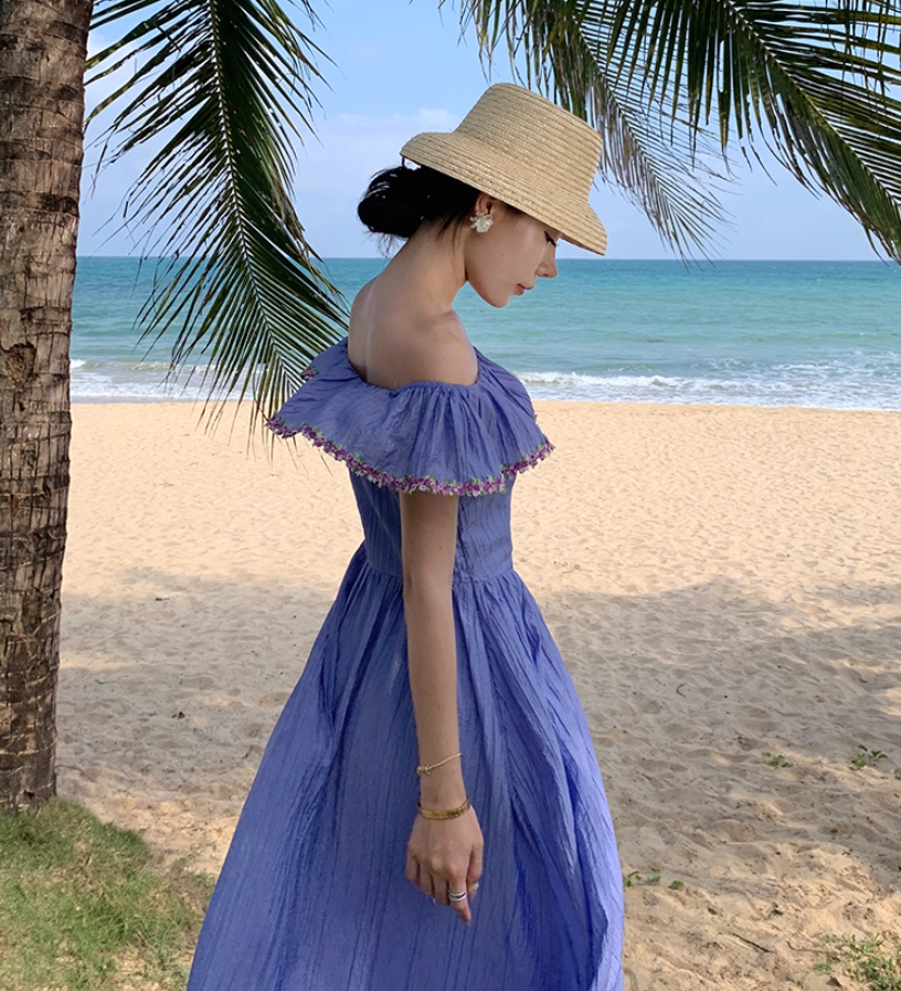 Versatile Flowy Lavender Floral-Trim Maxi Dress Stylish Shoots Vogue Off-Shoulder Ruffled Neckline Long Dress AP1492
