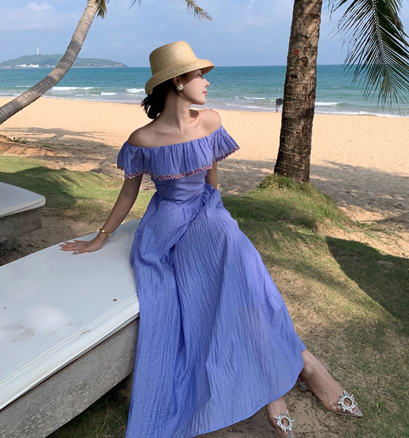 Versatile Flowy Lavender Floral-Trim Maxi Dress Stylish Shoots Vogue Off-Shoulder Ruffled Neckline Long Dress AP1492