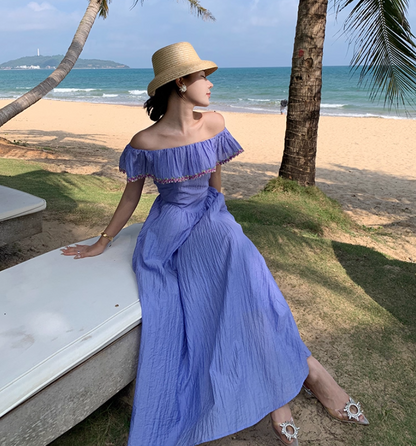 Versatile Flowy Lavender Floral-Trim Maxi Dress Stylish Shoots Vogue Off-Shoulder Ruffled Neckline Long Dress AP1492