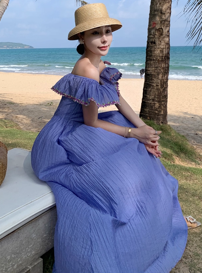 Versatile Flowy Lavender Floral-Trim Maxi Dress Stylish Shoots Vogue Off-Shoulder Ruffled Neckline Long Dress AP1492