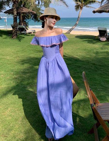 Versatile Flowy Lavender Floral-Trim Maxi Dress Stylish Shoots Vogue Off-Shoulder Ruffled Neckline Long Dress AP1492