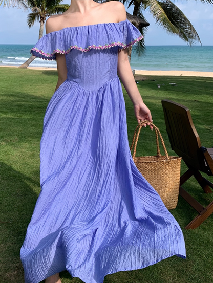 Versatile Flowy Lavender Floral-Trim Maxi Dress Stylish Shoots Vogue Off-Shoulder Ruffled Neckline Long Dress AP1492