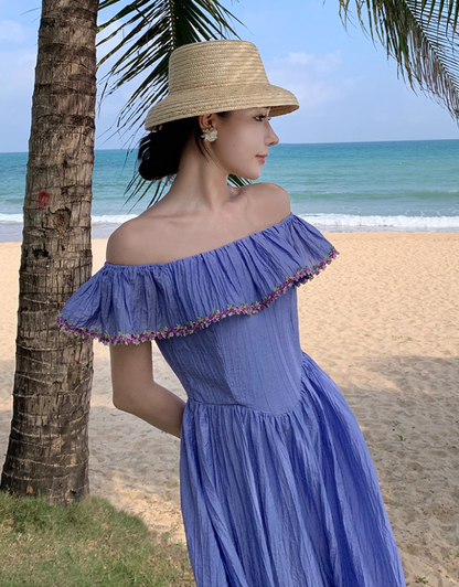 Versatile Flowy Lavender Floral-Trim Maxi Dress Stylish Shoots Vogue Off-Shoulder Ruffled Neckline Long Dress AP1492