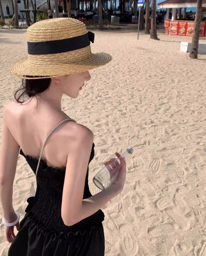 Vogue Lace-Up Corset Ruffles Trimmed Maxi Dress Elegant Stylish Shoots Strapless Long Dress AP1493