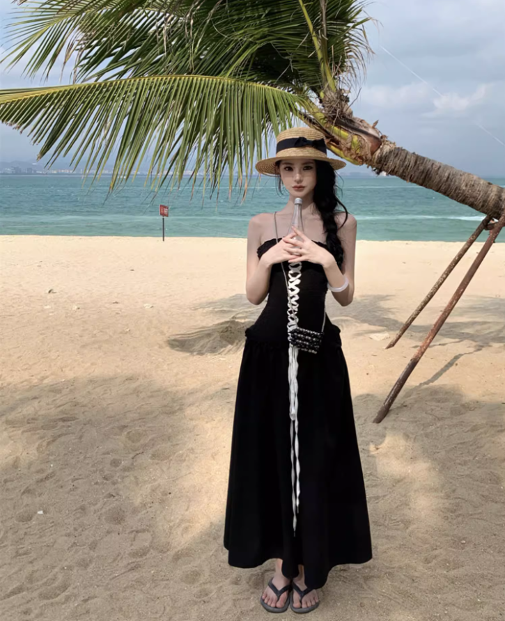 Vogue Lace-Up Corset Ruffles Trimmed Maxi Dress Elegant Stylish Shoots Strapless Long Dress AP1493